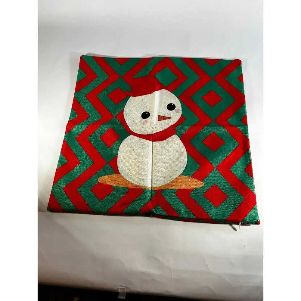 Christmas Pillow Cover Zipper Canvas Fabric Holiday Square Snowman Green Red NEW